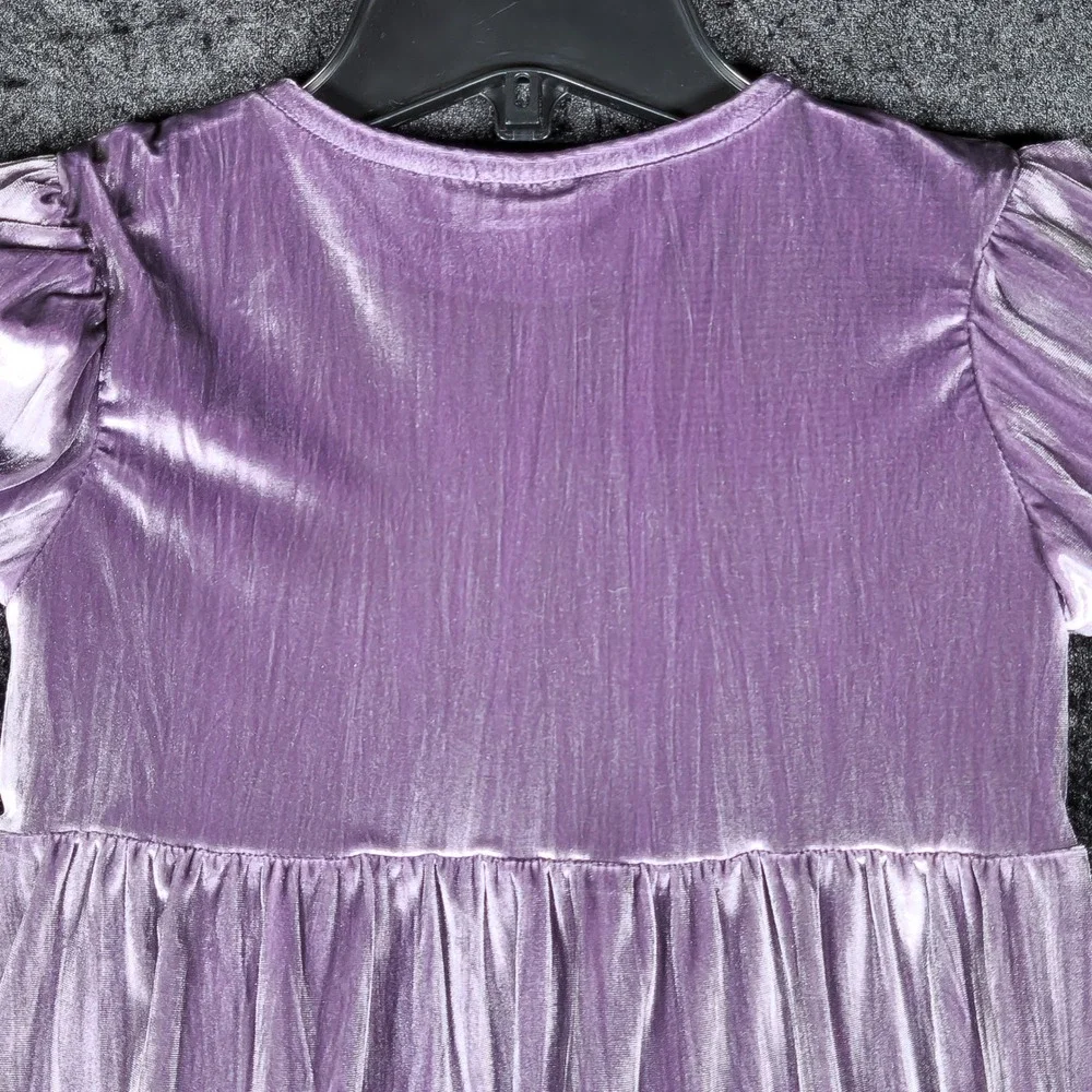 Zara Kids Girls Purple Crushed Velvet Tiered Dress Short Puff Sleeve Size 4-5